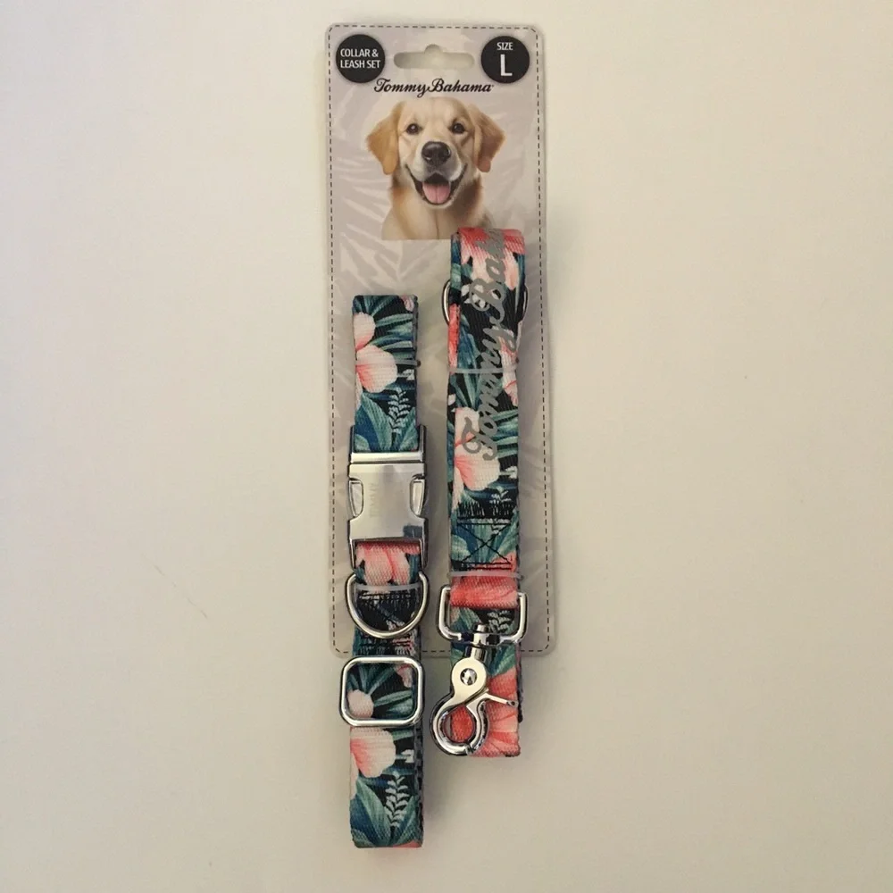Dog Collar (L) and Leash Set Floral Tropical Print for Large Dogs - Tommy Bahama